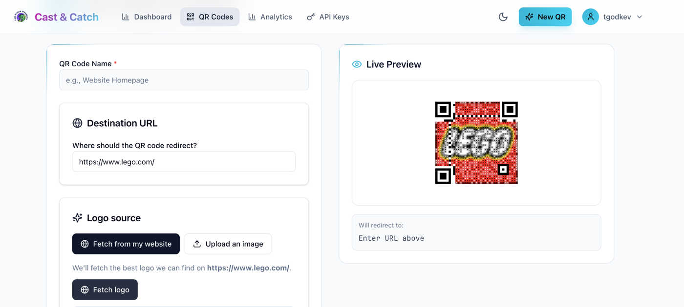 The QR Insights Mosaic builder generating a QR code from the LEGO logo, with a live preview
